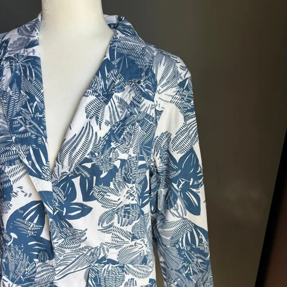 COLDWATER CREEK Women's XL Petit Blue White Floral Notch Lapel Cotton Blazer - Picture 8 of 11
